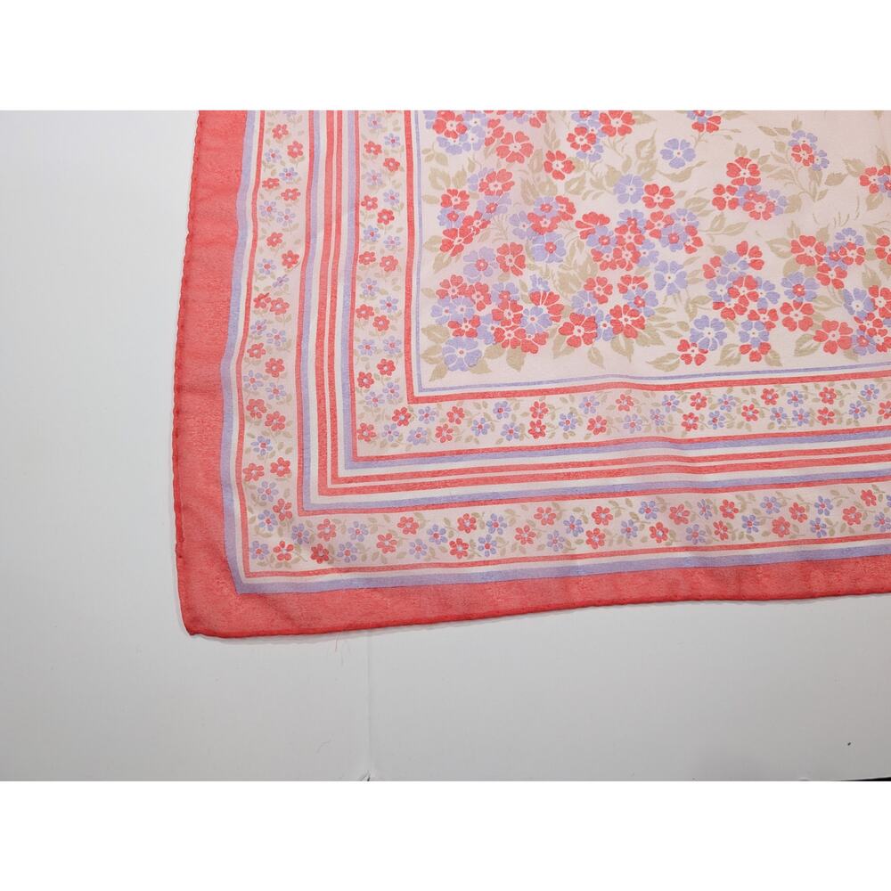 Vintage 70s Scarf Coral Pink Lavender Floral Stripe Floral Print Square - Picture 3 of 10